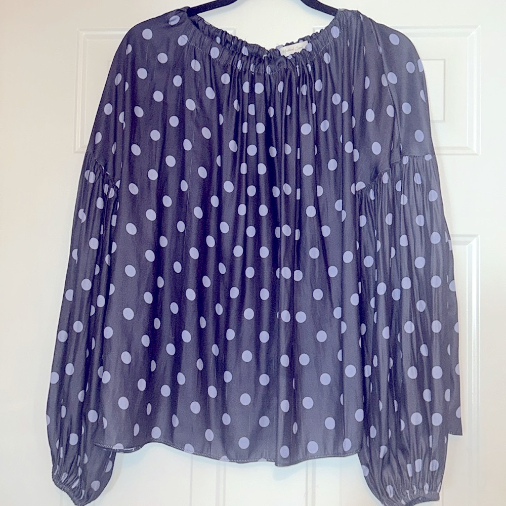 Mustard Seed Polka Dot Women's Top Size L Navy/Light Blue Sheen Loose Glam